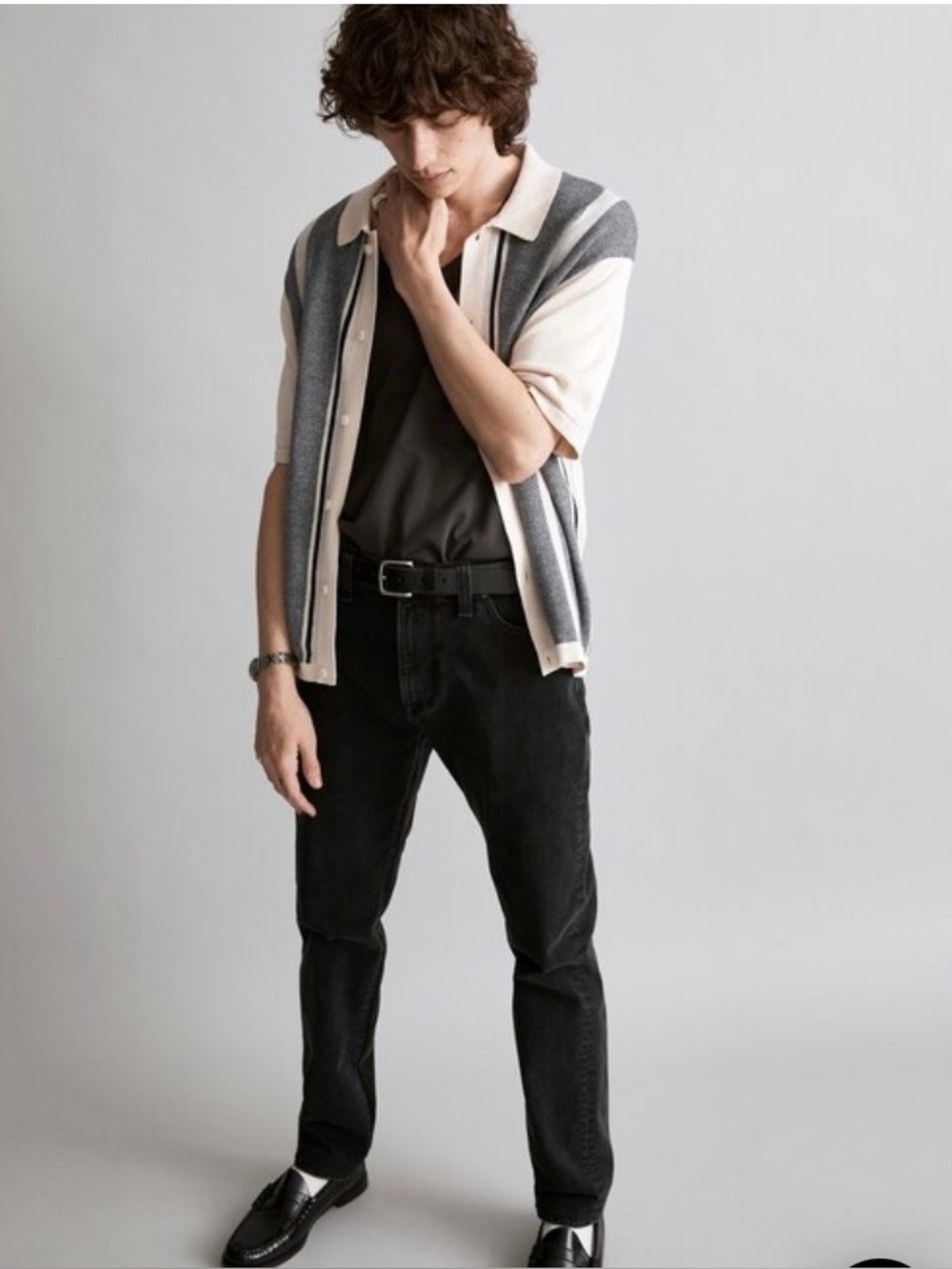 Madewell Short-Sleeve Knit Shirt Jacket in Cream & Gray